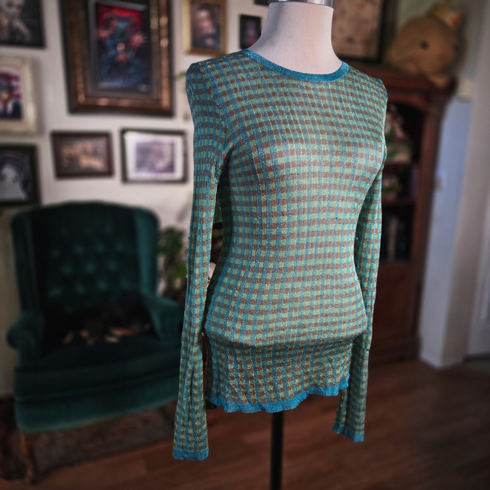 Happy Sheep‎ Womens Teal Green Metallic Checkered Knit Long Sleeve Top Slim Fit